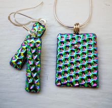 Load image into Gallery viewer, Rainbow dimpled dichroic glass pendant with handmade silver fittings & silver snake chain