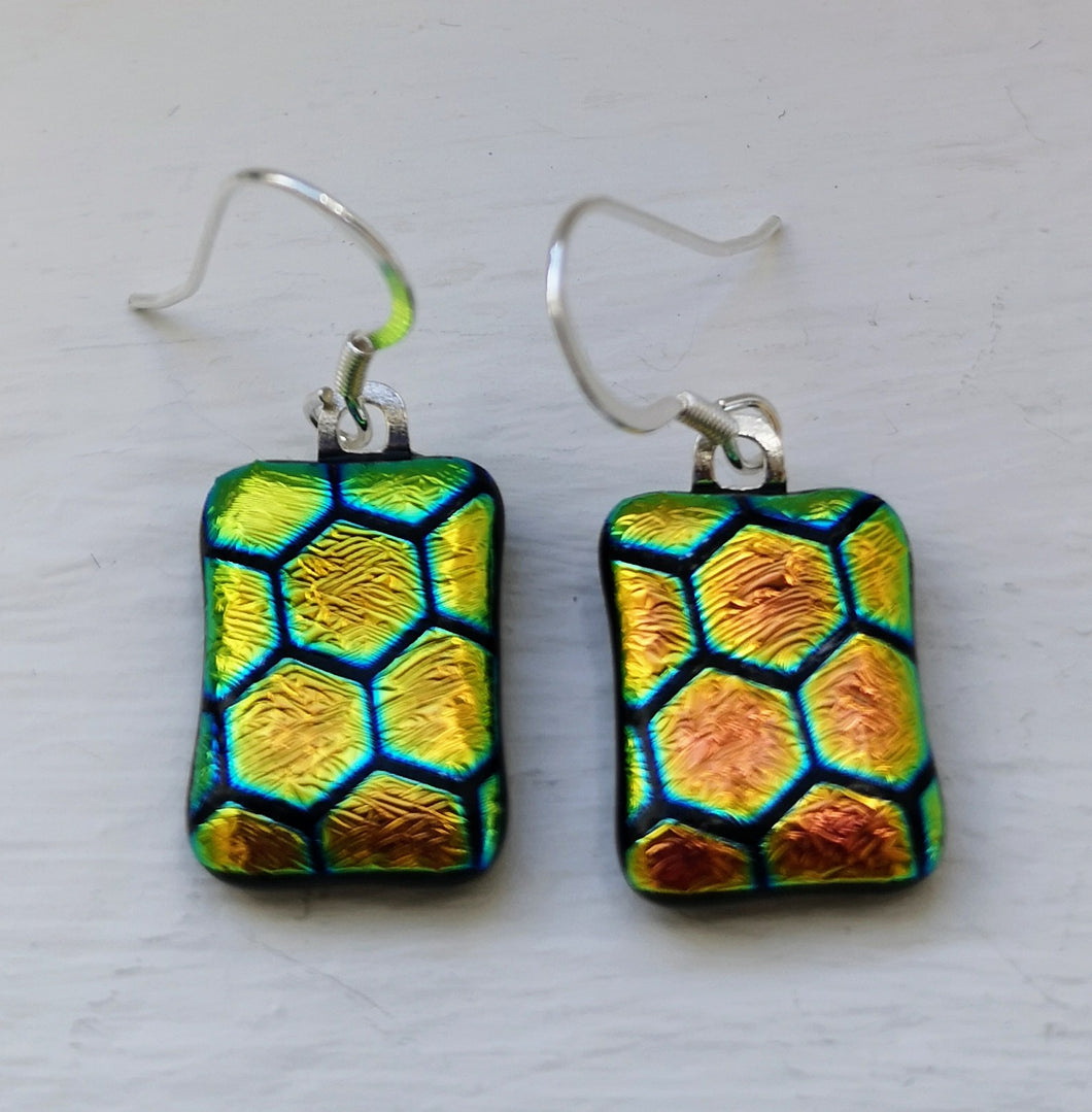 Honeycomb dichroic glass silver earrings