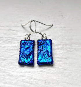 Blue Florentine Dichroic Fused Glass Silver Earrings