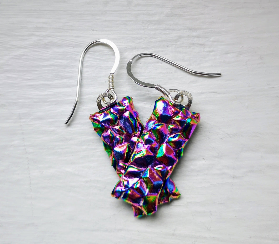 Pink bumpy Dichroic Fused Glass Silver Earrings