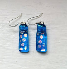 Load image into Gallery viewer, Turquoise polkadot dichroic glass silver earrings
