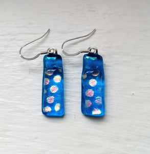 Turquoise polkadot dichroic glass silver earrings