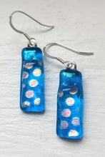Load image into Gallery viewer, Turquoise polkadot dichroic glass silver earrings
