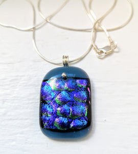 Purple bubble dichroic glass pendant with handmade silver fittings & silver snake chain