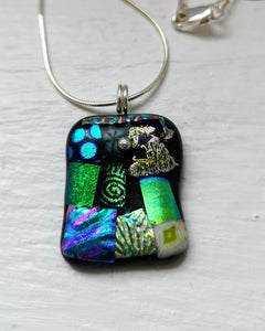 Patchwork dichroic glass pendant with handmade silver fittings & silver snake chain