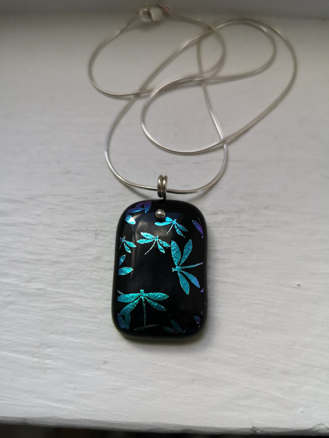Dragonfly dichroic glass pendant with handmade silver fittings & silver snake chain